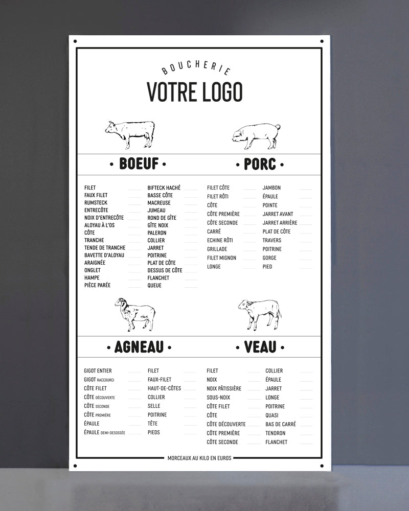 Tableau de prix Boucherie - Feutre Effaçable - Logo personnalisable